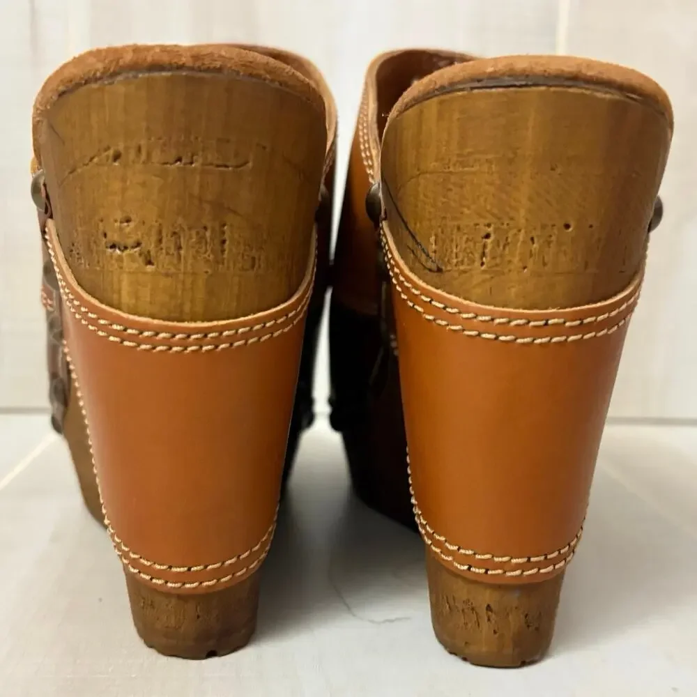Sbicca Vintage Collection Leather Platform Clogs Studded Brown Slip-On 39(8.5)